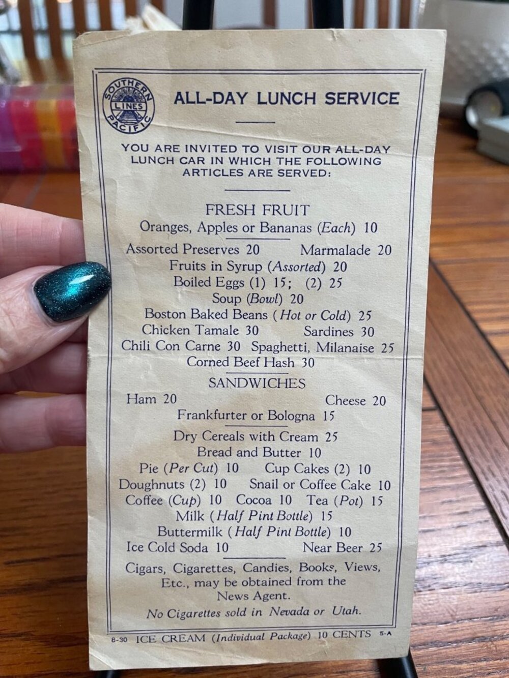 Southern Pacific Railroad All-Day Lunch Service Menu Vintage 1930s Train Dining